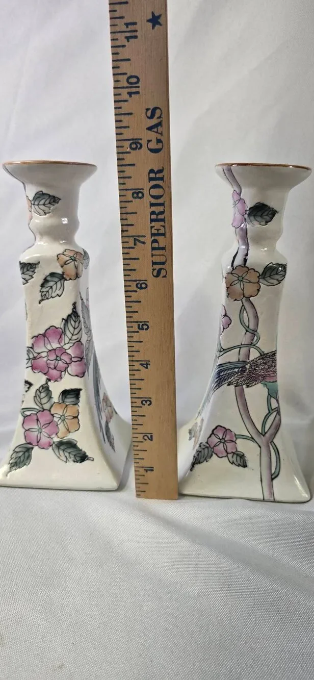 Vintage Hand-Painted Macau Porcelain Candlestick Holders - Floral Chinoiserie Pa